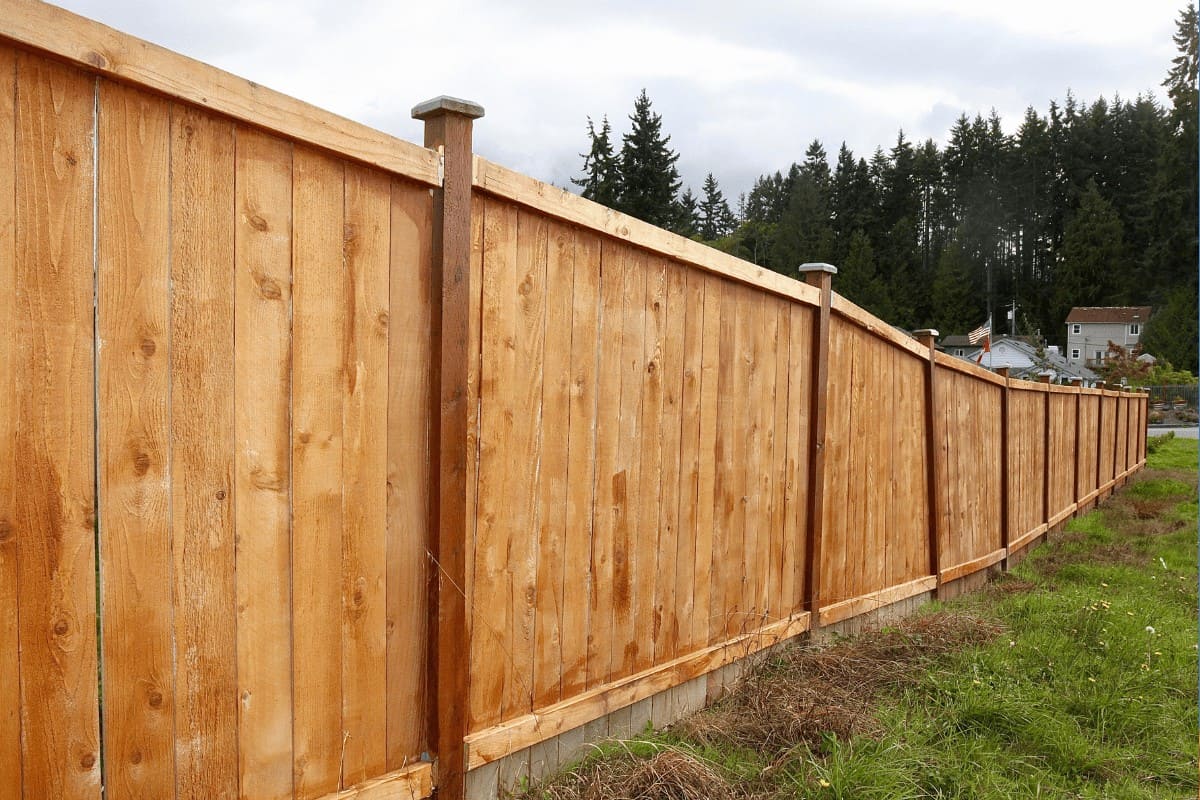 A long wooden fence with vertical panels and horizontal supports runs alongside a grassy area. Trees and a building are visible in the background under a cloudy sky.