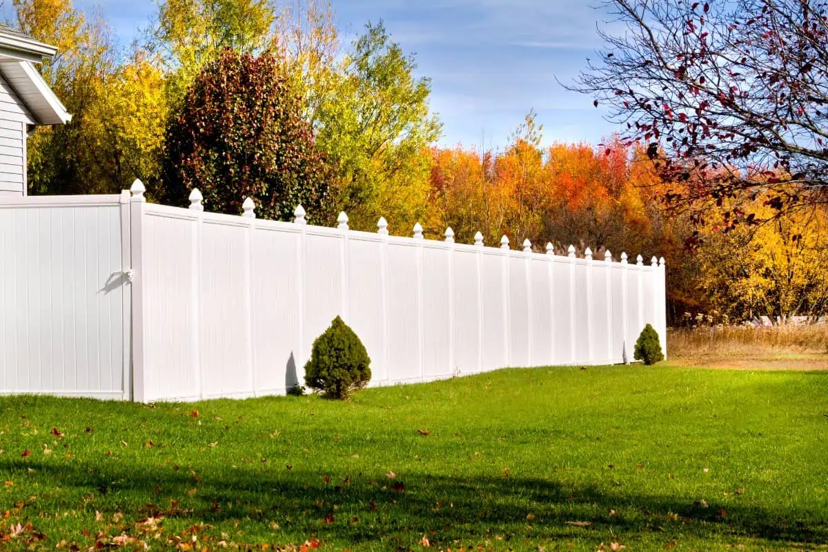 A white fence runs along a vibrant autumn landscape, with colorful trees in shades of red, orange, and yellow. The foreground features a lush green lawn, and a few small shrubs are planted by the fence. The sky is blue with a few clouds.