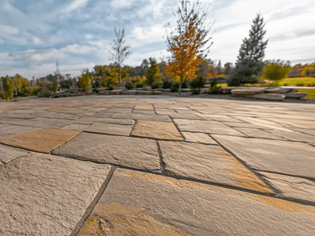 Close-up of a sunlit stone patio with large square and rectangular pavers. In the background, there are trees beginning to show autumn colors, and a clear blue sky is overhead.