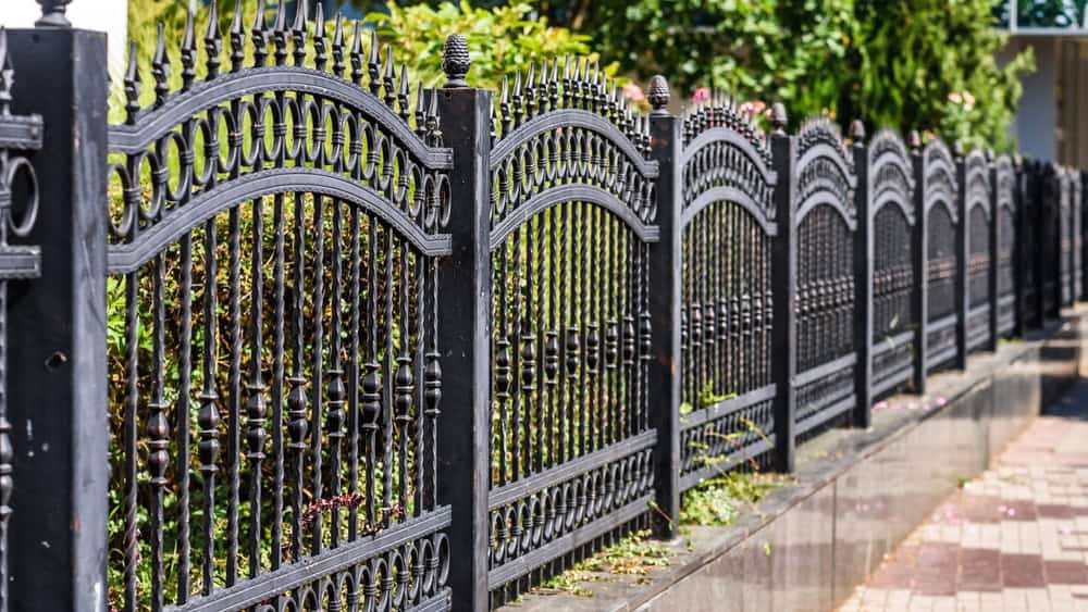 A long, decorative black aluminum fence with arched tops and ornate detailing lines a pathway. The fence is flanked by greenery and trees, visible in the background under a clear sky.