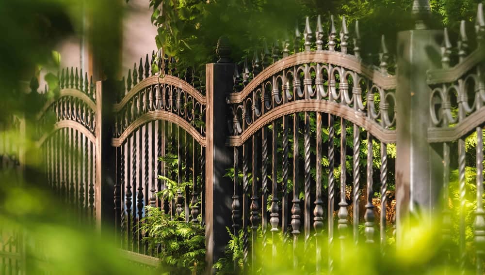 A close-up of an ornate, black wrought iron fence with decorative peaks and curves is complemented by lush green foliage. Nearby, sleek aluminum fencing subtly gleams in the soft sunlight, blending into the peaceful, natural atmosphere.
