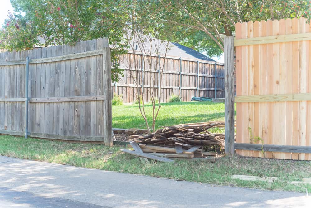 A wooden fence with an open gate shows a backyard with a tree and grass. A pile of wooden planks is on the ground near the gate. Another fence and a house roof are visible in the background under a clear sky.